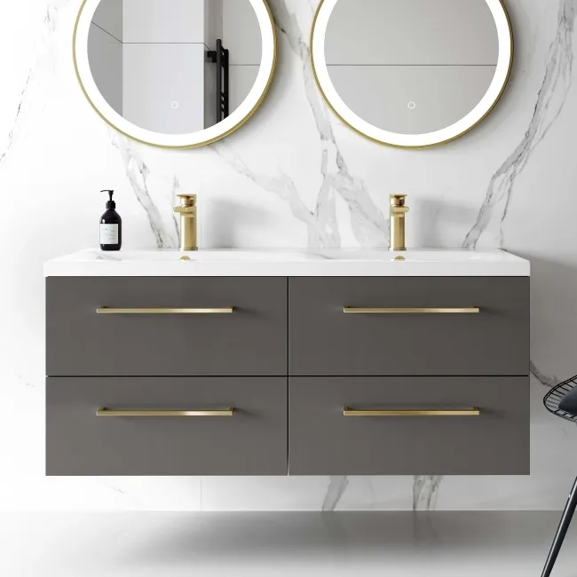 Elba Graphite Grey Wall Hung Double Basin Drawer Vanity 1200mm - Brushed Brass Accents