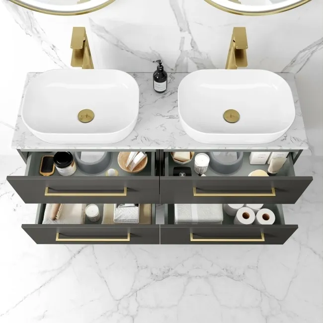 Elba Graphite Grey Double Wall Hung Drawer Vanity with Marble Top & Curved Basin 1200mm - Brushed Brass Accents