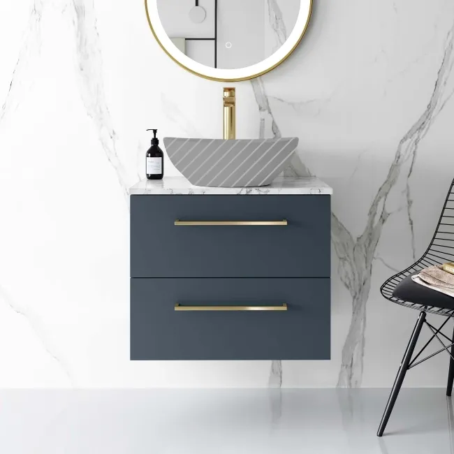 Elba Inky Blue Wall Hung Drawer 600mm Excludes Counter Top Basin - Brushed Brass Accents