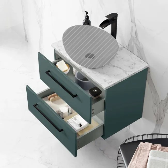 Elba Midnight Green Wall Hung Drawer 600mm Excludes Counter Top Basin - Black Accents