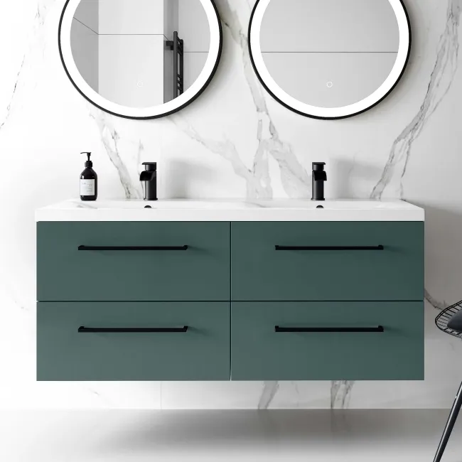 Elba Midnight Green Wall Hung Double Basin Drawer Vanity 1200mm - Black Accents