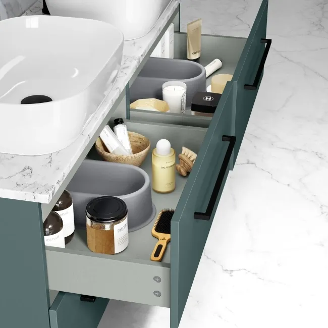 Elba Midnight Green Double Wall Hung Drawer Vanity with Marble Top & Curved Basin 1200mm - Black Accents