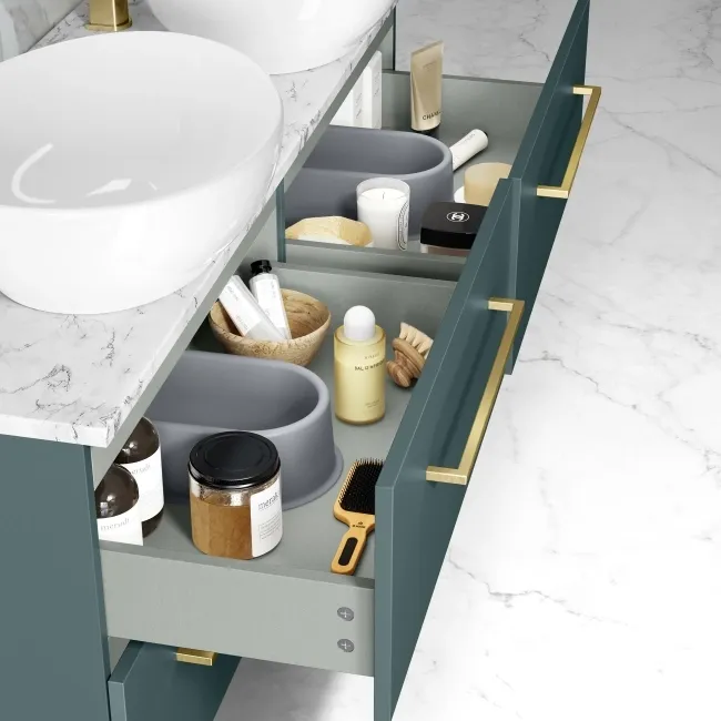 Elba Midnight Green Double Wall Hung Drawer Vanity with Marble Top & Oval Basin 1200mm - Brushed Brass Accents