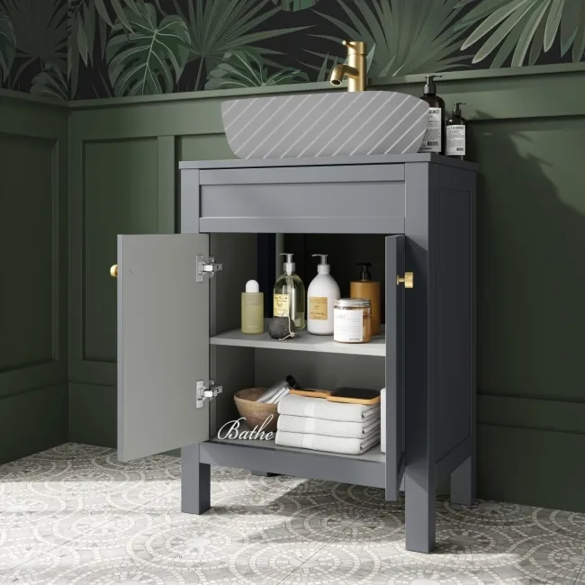 Bermuda Dove Grey Cabinet 600mm Excludes Counter Top Basin - Brushed Brass Accents