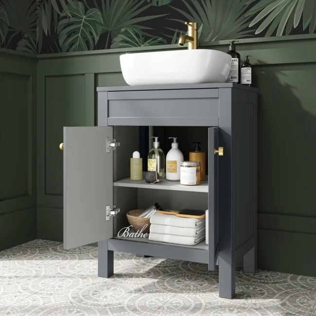 Bermuda Dove Grey Vanity with Curved Counter Top Basin 600mm - Brushed Brass Accents
