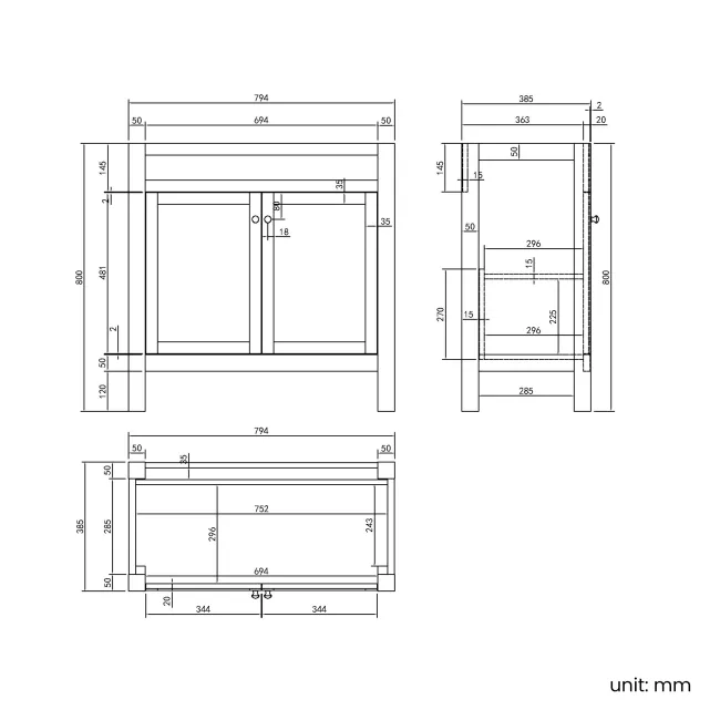 Bermuda Dove Grey Cabinet 800mm Excludes Counter Top Basin - Brushed Brass Accents