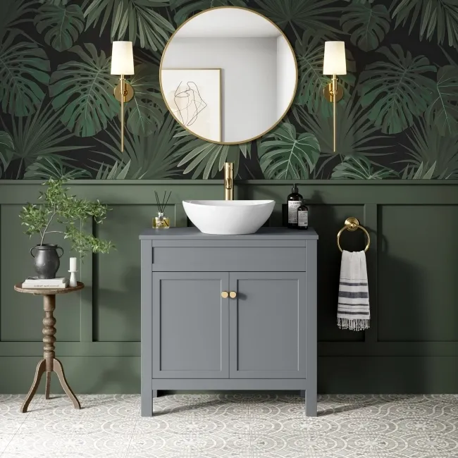 Bermuda Dove Grey Vanity with Oval Counter Top Basin 800mm - Brushed Brass Accents
