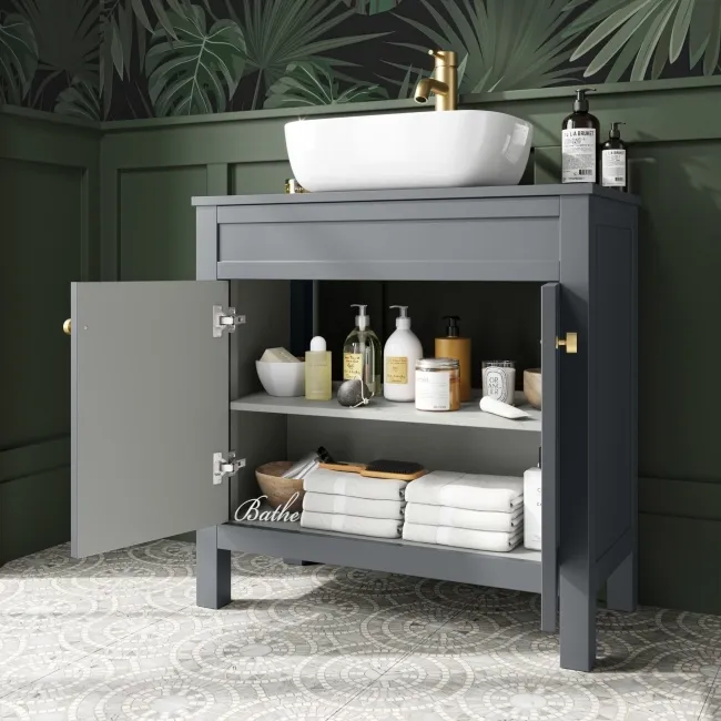 Bermuda Dove Grey Vanity with Curved Counter Top Basin 800mm - Brushed Brass Accents