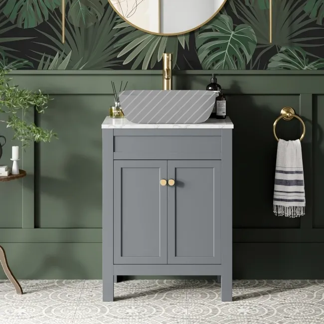 Bermuda Dove Grey Cabinet with Marble Top 600mm Excludes Counter Top Basin - Brushed Brass Accents