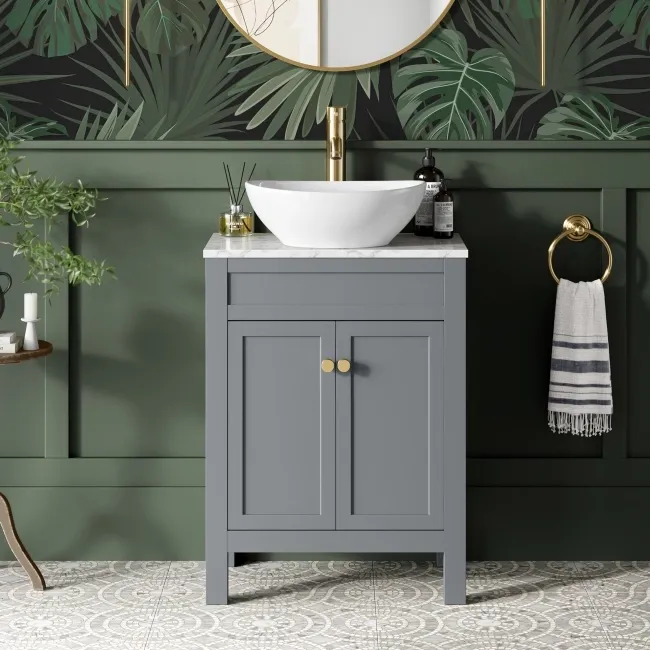 Bermuda Dove Grey Vanity with Marble Top & Oval Counter Top Basin 600mm - Brushed Brass Accents