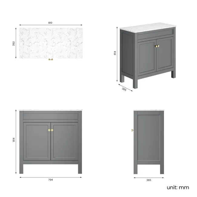 Bermuda Dove Grey Cabinet with Marble Top 800mm Excludes Counter Top Basin - Brushed Brass Accents