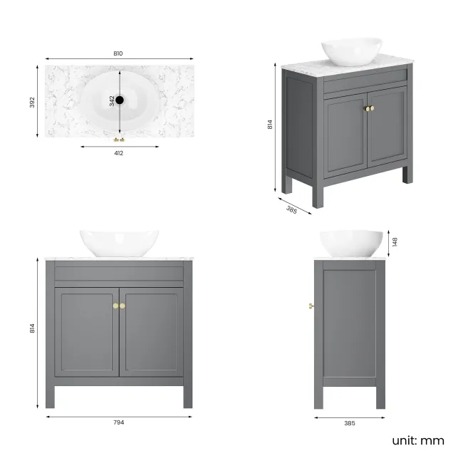 Bermuda Dove Grey Vanity with Marble Top & Oval Counter Top Basin 800mm - Brushed Brass Accents
