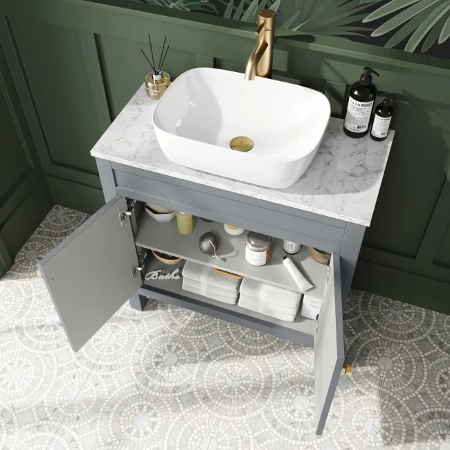Bermuda Dove Grey Vanity with Marble Top & Curved Counter Top Basin 800mm - Brushed Brass Accents