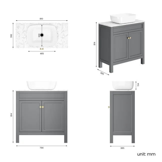 Bermuda Dove Grey Vanity with Marble Top & Curved Counter Top Basin 800mm - Brushed Brass Accents
