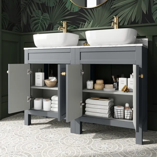 Bermuda Dove Grey Vanity with Marble Top & Curved Counter Top Basin 1200mm - Brushed Brass Accents