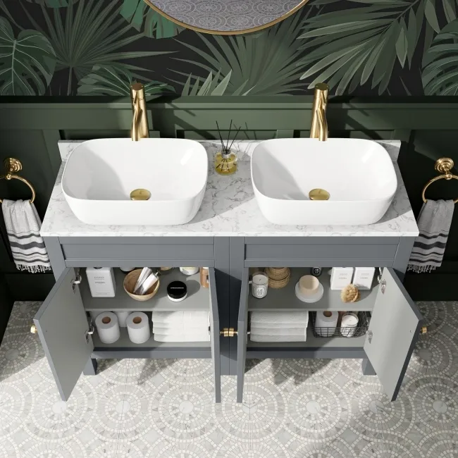 Bermuda Dove Grey Vanity with Marble Top & Curved Counter Top Basin 1200mm - Brushed Brass Accents