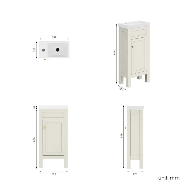 Bermuda Chalk White Cloakroom Basin Vanity 400mm - Brushed Brass Accents