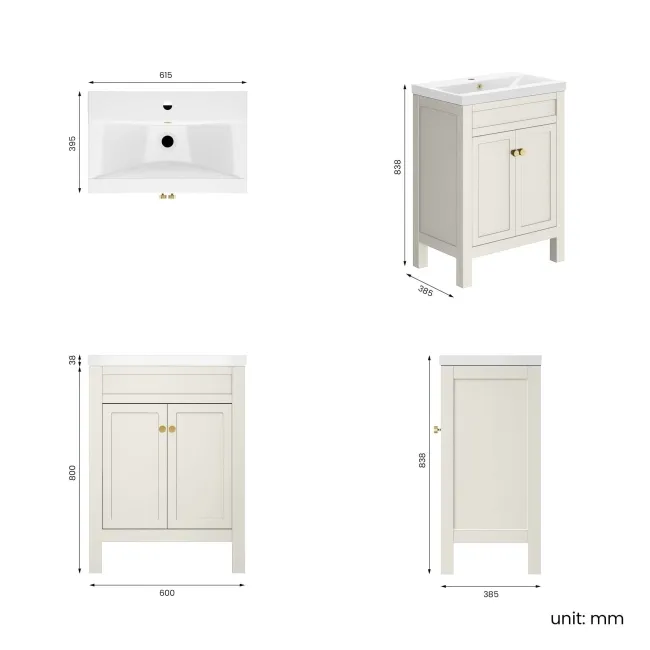 Bermuda Chalk White Basin Vanity 600mm - Brushed Brass Accents
