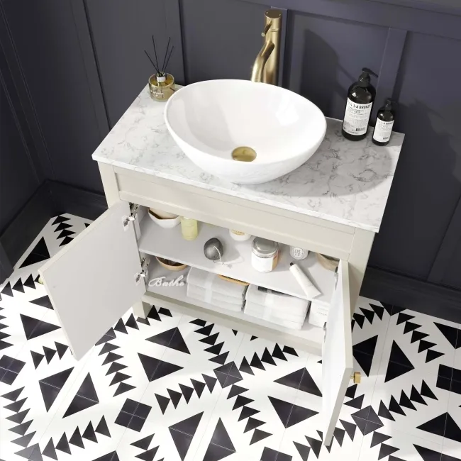Bermuda Chalk White Vanity with Marble Top & Oval Counter Top Basin 800mm - Brushed Brass Accents