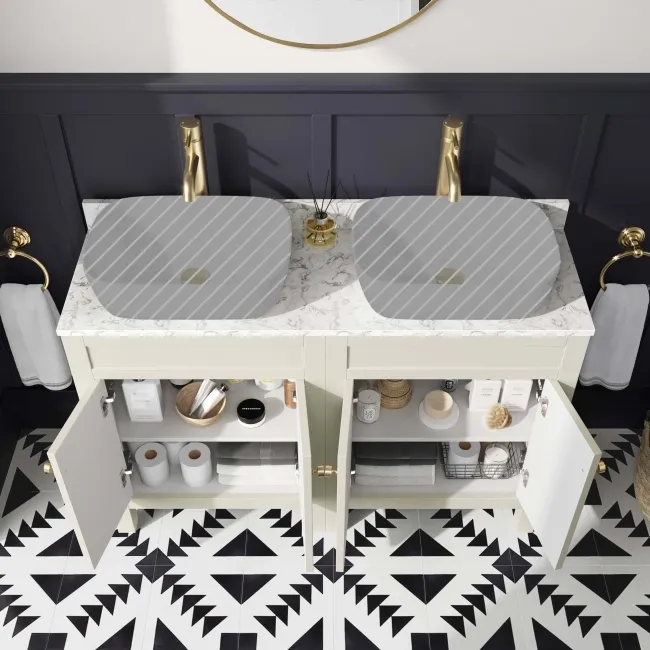 Bermuda Chalk White Cabinet with Marble Top 1200mm Excludes Counter Top Basin - Brushed Brass Accents