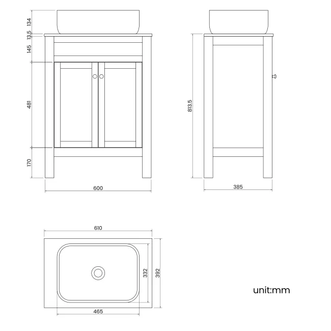 Bermuda Graphite Grey Vanity with Marble Top & Curved Counter Top Basin 600mm - Brushed Brass Accents