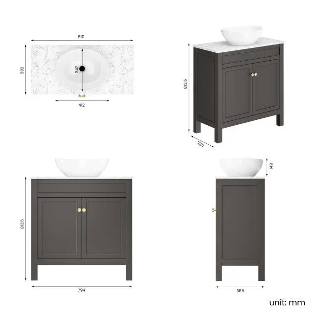 Bermuda Graphite Grey Vanity with Marble Top & Oval Counter Top Basin 800mm - Brushed Brass Accents