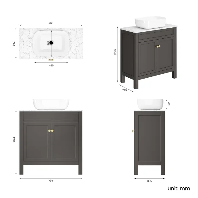 Bermuda Graphite Grey Vanity with Marble Top & Curved Counter Top Basin 800mm - Brushed Brass Accents