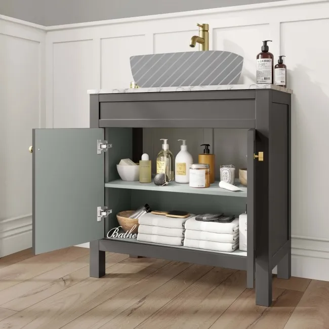 Bermuda Graphite Grey Cabinet with Marble Top 800mm Excludes Counter Top Basin - Brushed Brass Accents