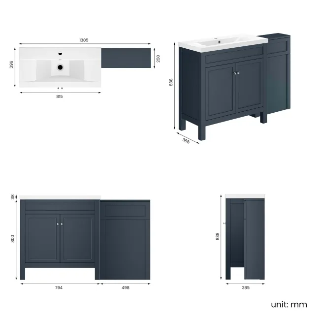 Bermuda Inky Blue Basin Vanity Drawer and Back To Wall Toilet 1300mm (Excludes Pan & Cistern)