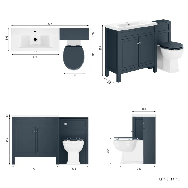 Bermuda Inky Blue Combination Vanity Basin and Hudson Toilet with Wooden Seat 1300mm