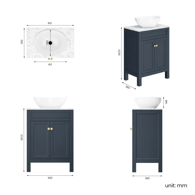 Bermuda Inky Blue Vanity with Marble Top & Oval Counter Top Basin 600mm - Brushed Brass Accents