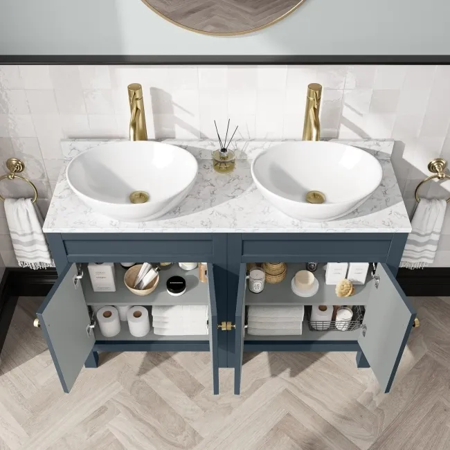 Bermuda Inky Blue Vanity with Marble Top & Oval Counter Top Basin 1200mm - Brushed Brass Accents