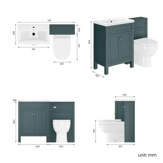 Bermuda Midnight Green Combination Vanity Basin and Seattle Toilet 1100mm