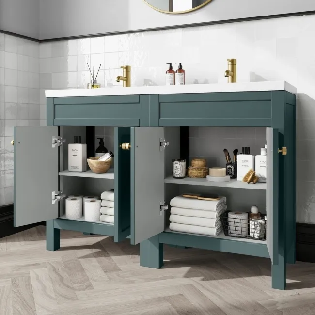 Bermuda Midnight Green Double Basin Vanity 1200mm - Brushed Brass Accents