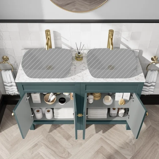 Bermuda Midnight Green Cabinet with Marble Top 1200mm Excludes Counter Top Basins - Brushed Brass Accents