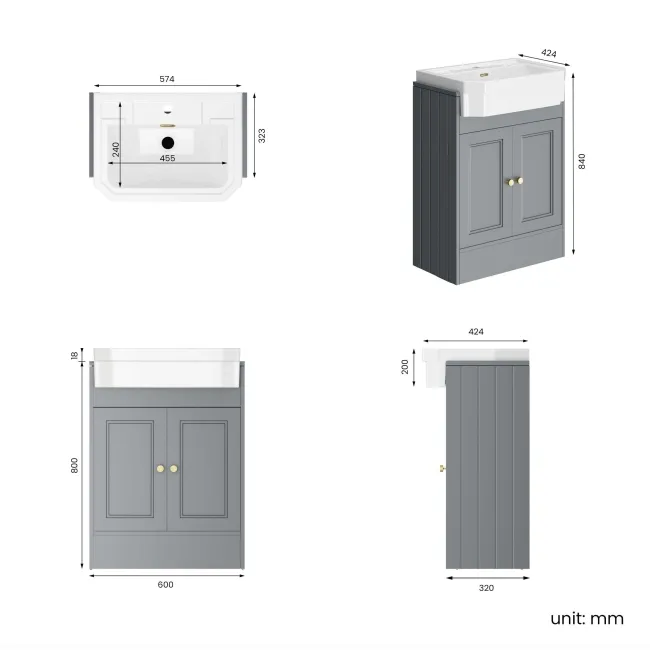 Monaco Dove Grey Traditional Basin Vanity 600mm - Brushed Brass Accents