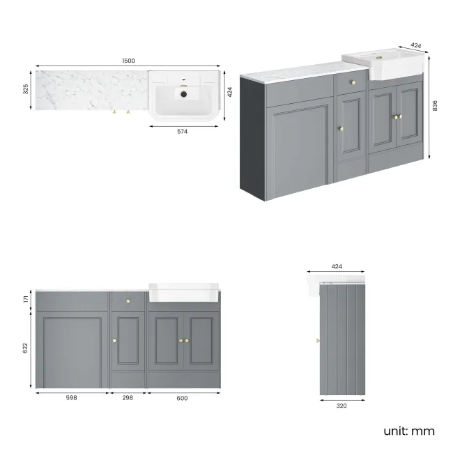 Monaco Dove Grey Combination Vanity Traditional Basin with Marble Top 1500mm (Excludes Pan & Cistern) - Brushed Brass Accents