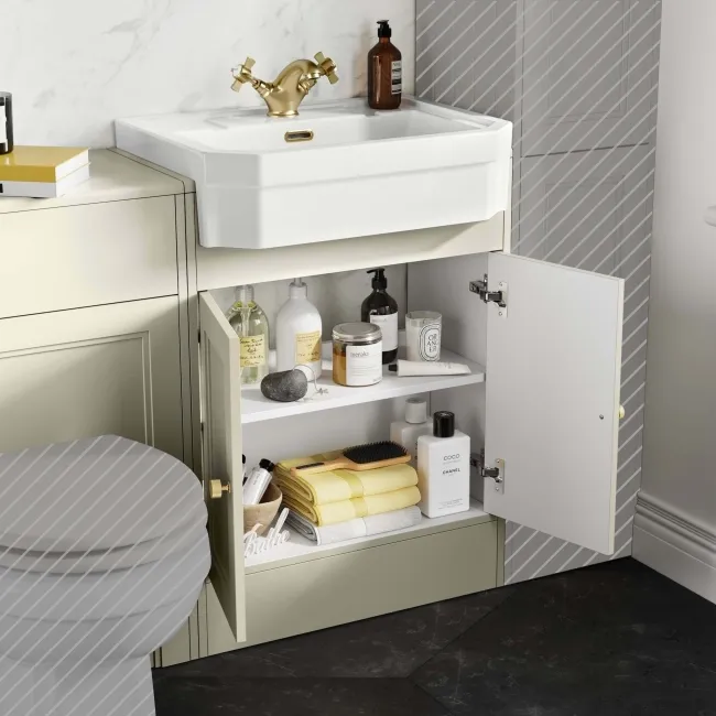 Monaco Chalk White Traditional Basin Vanity and Back To Wall Unit 1200mm (Excludes Pan & Cistern) - Brushed Brass Accents