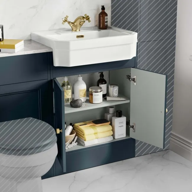 Monaco Inky Blue Combination Vanity Traditional Basin with Marble Top 1200mm (Excludes Pan & Cistern) - Brushed Brass Accents