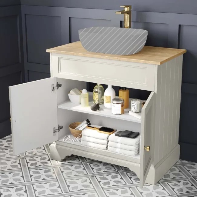 Lucia Chalk White Cabinet with Oak Effect Top 840mm (Excludes Counter Top Basin) - Brushed Brass Accents