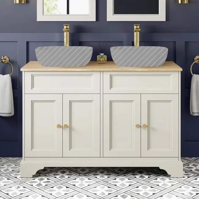 Lucia Chalk White Cabinet with Oak Effect Top 1200mm (Excludes Counter Top Basins) - Brushed Brass Accents