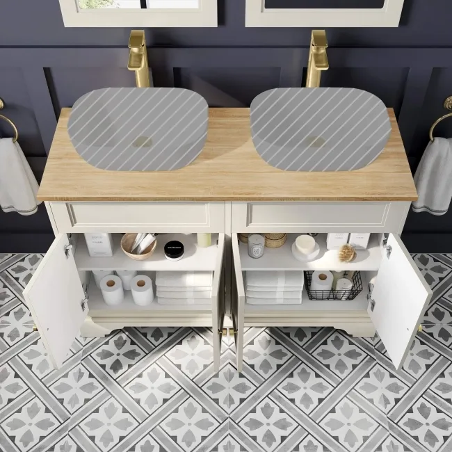 Lucia Chalk White Cabinet with Oak Effect Top 1200mm (Excludes Counter Top Basins) - Brushed Brass Accents