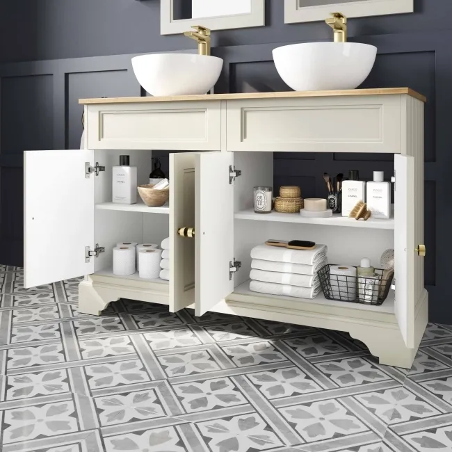 Lucia Chalk White Double Vanity with Oak Effect Top & Round Counter Top Basin 1200mm - Brushed Brass Accents