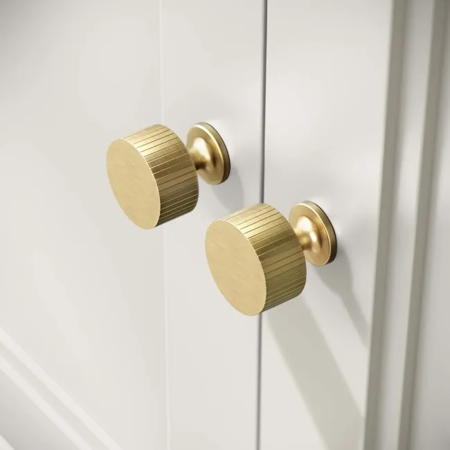 Lucia Chalk White Double Vanity with Oak Effect Top & Curved Counter Top Basin 1200mm - Brushed Brass Accents