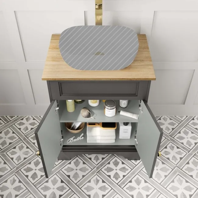 Lucia Graphite Grey Cabinet with Oak Effect Top 640mm (Excludes Counter Top Basin) - Brushed Brass Accents