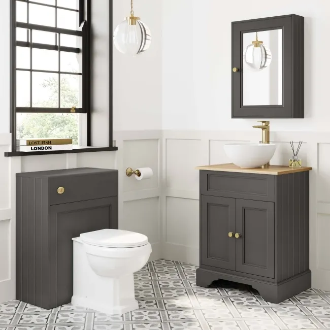 Lucia Graphite Grey Vanity with Oak Effect Top & Round Counter Top Basin 640mm - Brushed Brass Accents