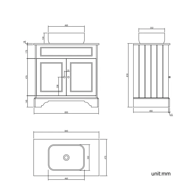 Lucia Graphite Grey Vanity with Oak Effect Top & Curved Counter Top Basin 840mm - Brushed Brass Accents