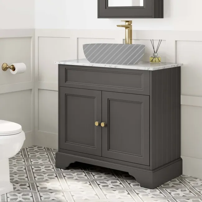 Lucia Graphite Grey Cabinet with Marble Top 840mm (Excludes Counter Top Basin) - Brushed Brass Accents
