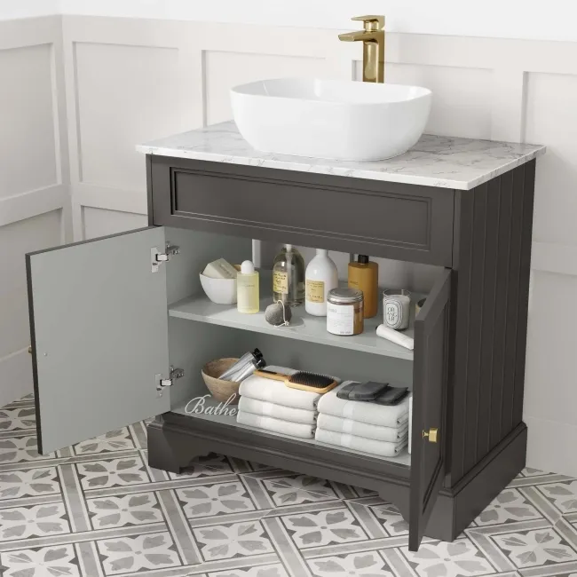 Lucia Graphite Grey Vanity with Marble Top & Curved Counter Top Basin 840mm - Brushed Brass Accents