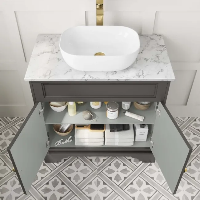 Lucia Graphite Grey Vanity with Marble Top & Curved Counter Top Basin 840mm - Brushed Brass Accents